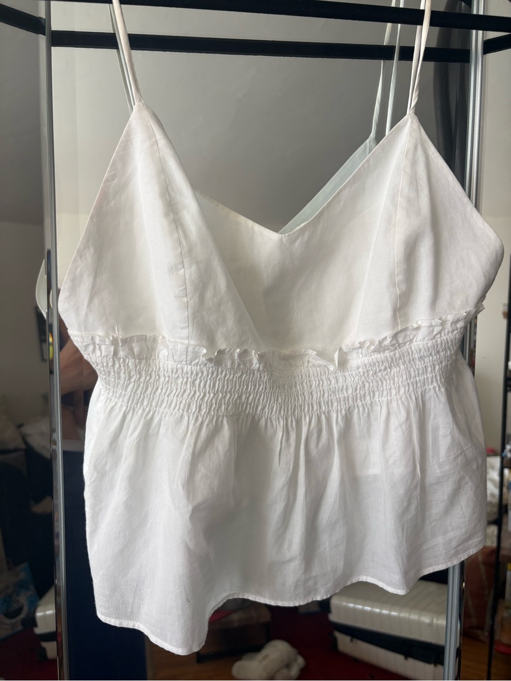 Anine Bing White Smocked V-Neck Spaghetti Strap Cami